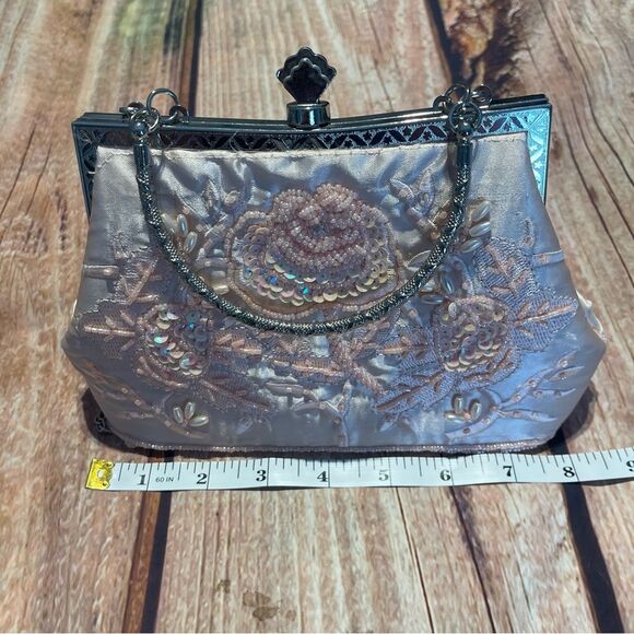 Pink embroidered sequin evening bag clutch handbag shoulder bag Preowned - Picture 8 of 10